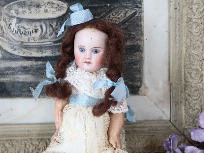 Antique toricoTte SFBJ PARIS/水色リボンのビスクドール//--sale